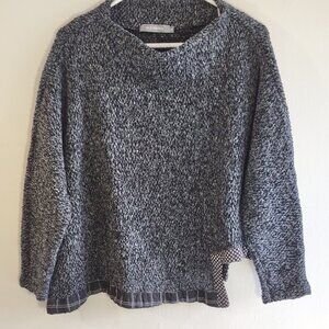 Alembika Knit Poncho Top Asymmetrical Hem Polka Dot & Plaid Trim Size Medium